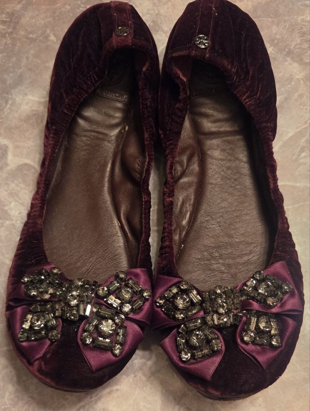 Tory Burch Deep Plum Velvet Jeweled Ballet Flats